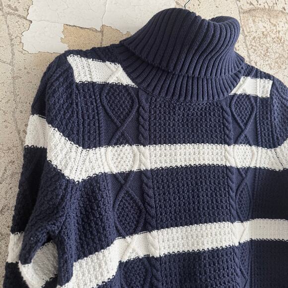Gap Turtleneck Sweater Chunky Cable Knit 100% Cotton Striped Navy White Womens M - Picture 3 of 7